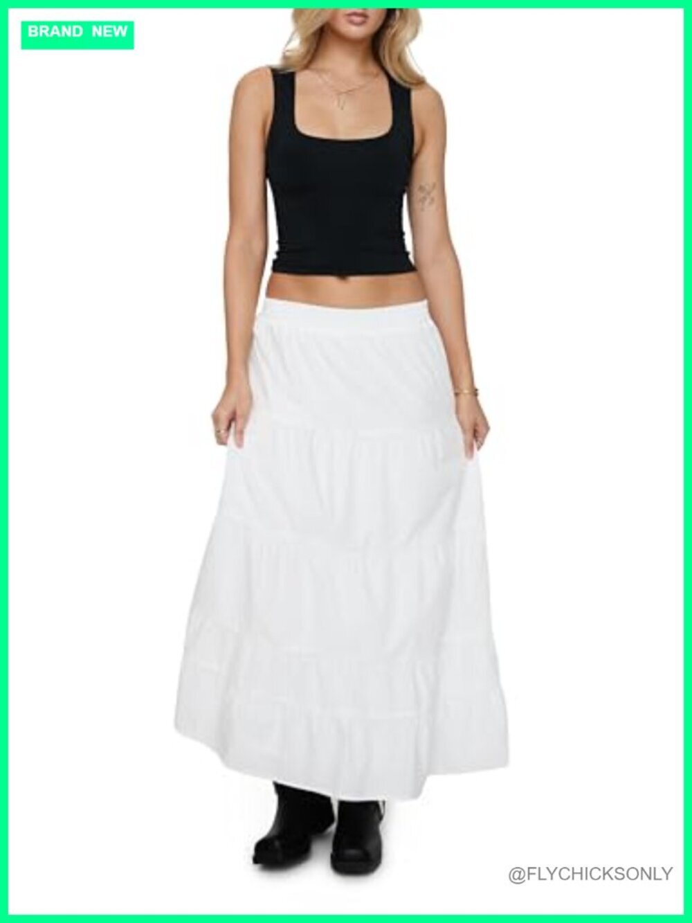 Maxi Skirt with Tiered Design, Elastic Waist